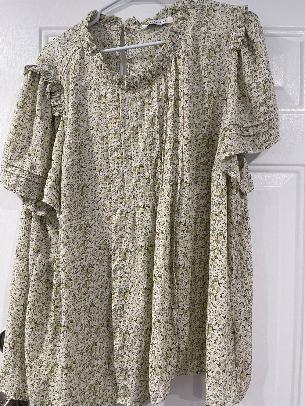 Rose & Olive Cream and Green Floral Ruffle Blouse